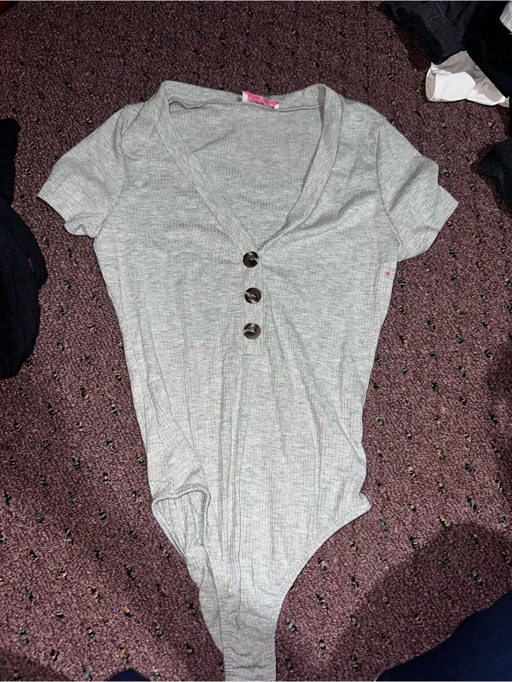 Pink Lily Gray Ribbed V-Neck Button Front Bodysuit